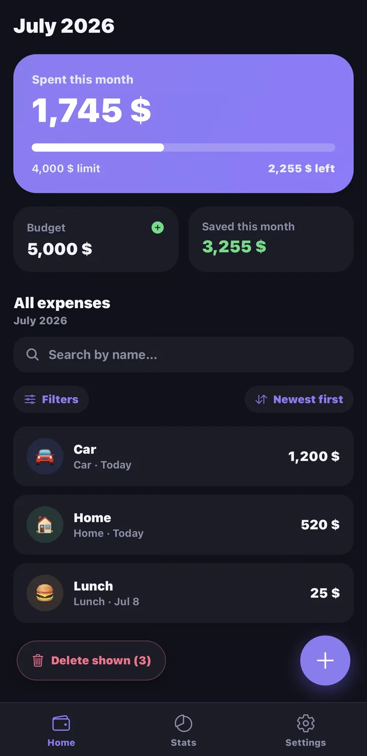 The Spent Money Home screen: this month’s spending, budget, and recent expenses.